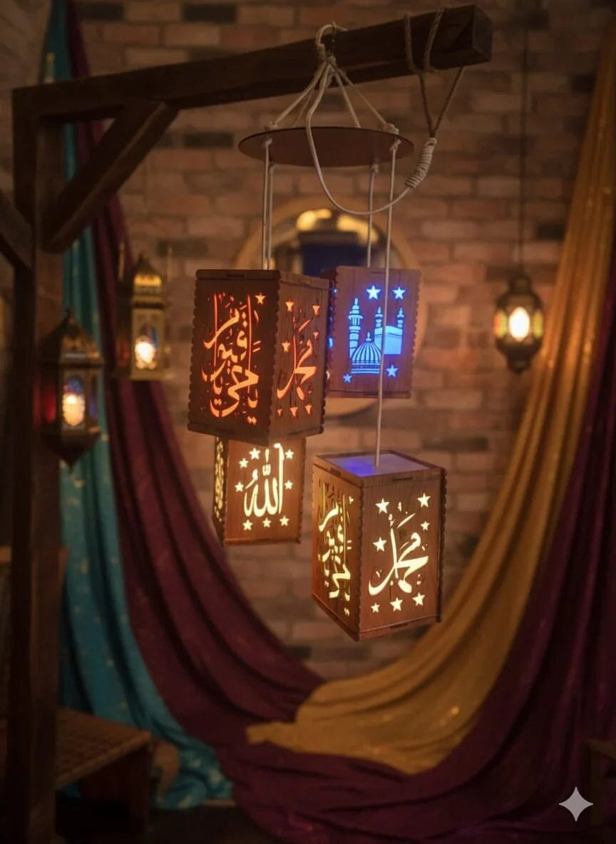 Islamic Wooden Lantern – Allah & Muhammad Design Decor Fanoos Chamak 