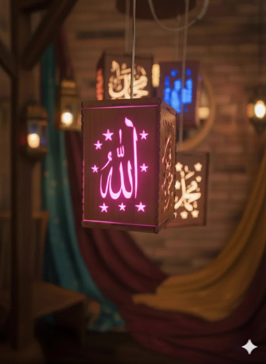 Islamic Wooden Lantern – Allah & Muhammad Design Decor Fanoos Chamak 