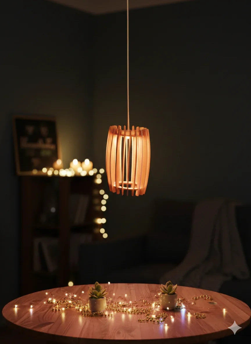 Wooden Dhol Pendant Lamp – Multicolor LED Hanging Light for Home Décor - Chamak
