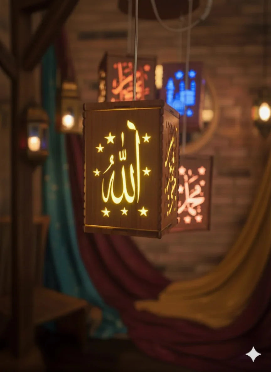 Islamic Wooden Lantern – Allah & Muhammad Design Decor Fanoos Chamak 