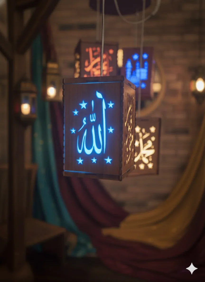 Islamic Wooden Lantern – Allah & Muhammad Design Decor Fanoos Chamak 