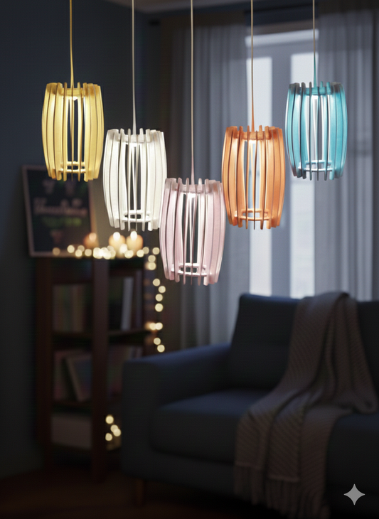 Wooden Dhol Pendant Lamp – Multicolor LED Hanging Light for Home Décor