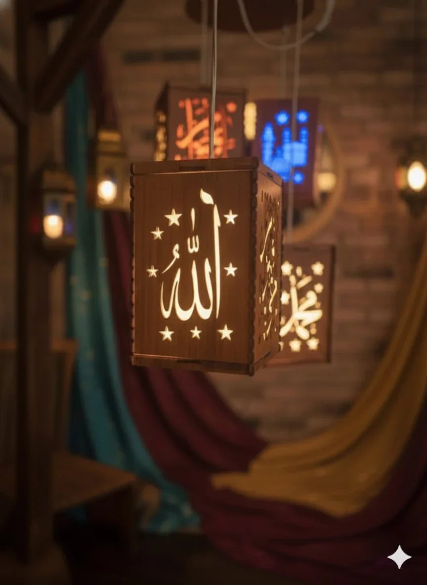 Islamic Wooden Lantern – Allah & Muhammad Design Decor Fanoos Chamak 