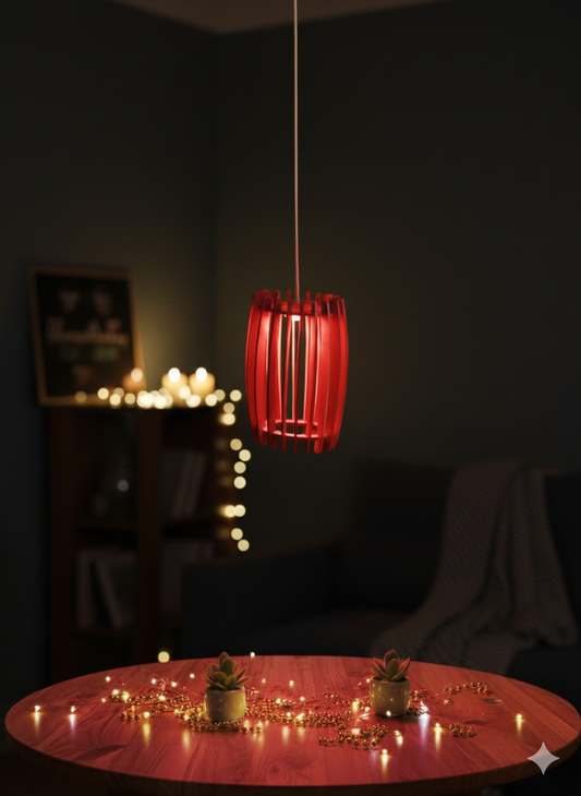 Wooden Dhol Pendant Lamp – Multicolor LED Hanging Light for Home Décor