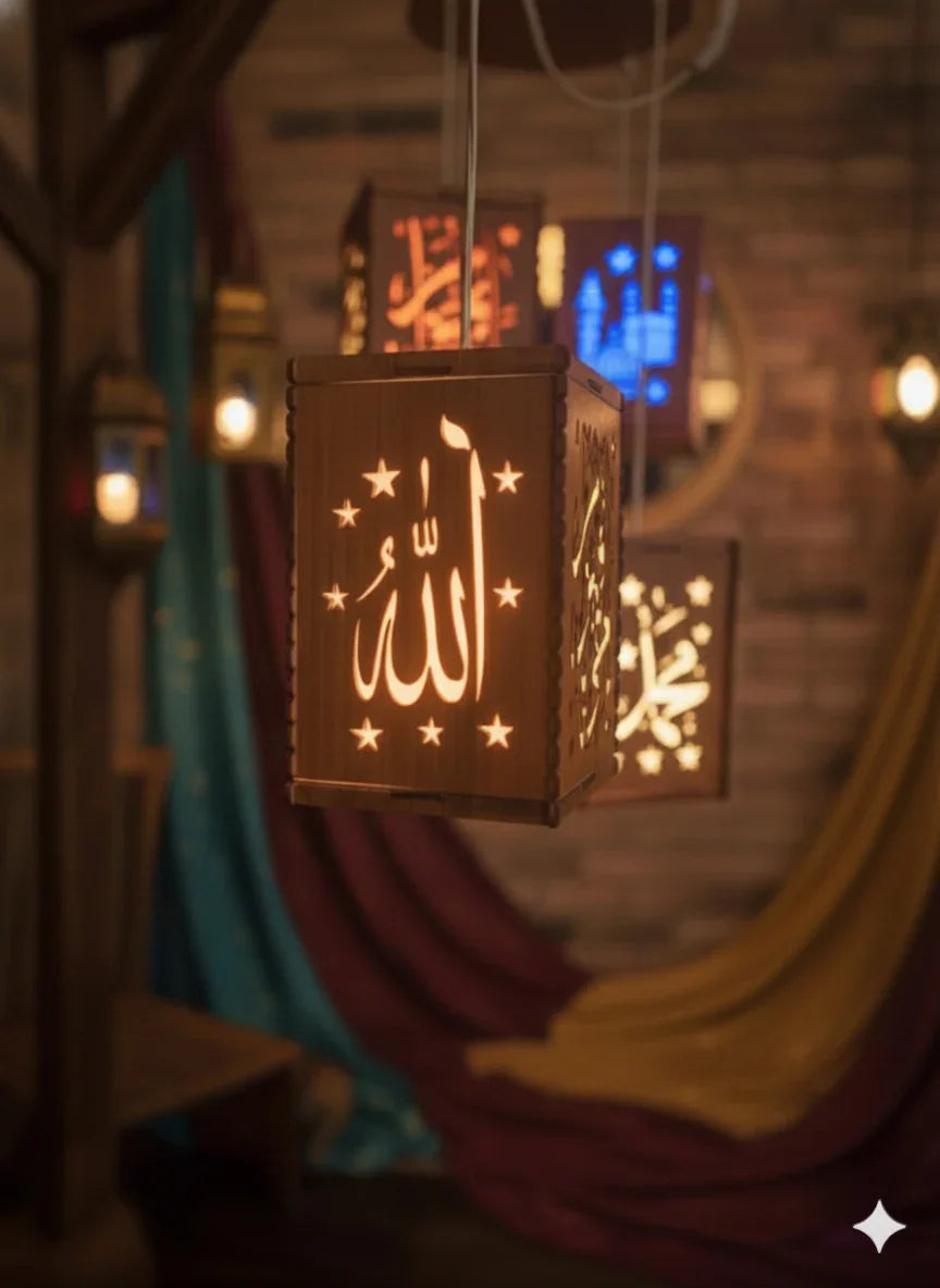 Islamic Wooden Lantern – Allah & Muhammad Design Decor Fanoos Chamak 