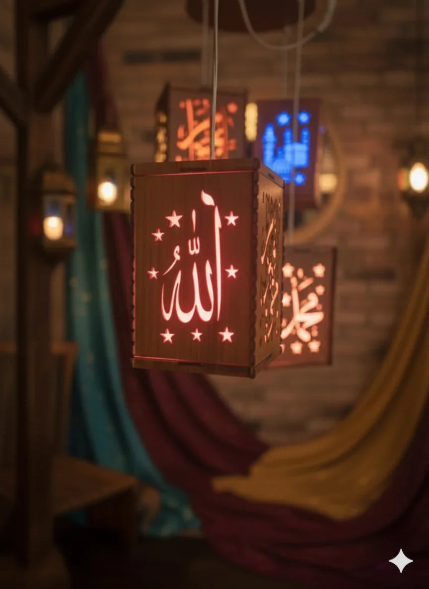 Islamic Wooden Lantern – Allah & Muhammad Design Decor Fanoos Chamak 