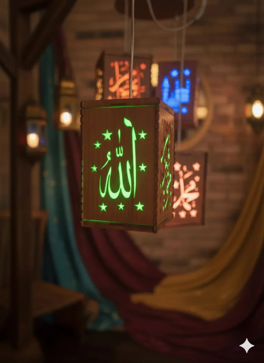 Islamic Wooden Lantern – Allah & Muhammad Design Decor Fanoos Chamak 